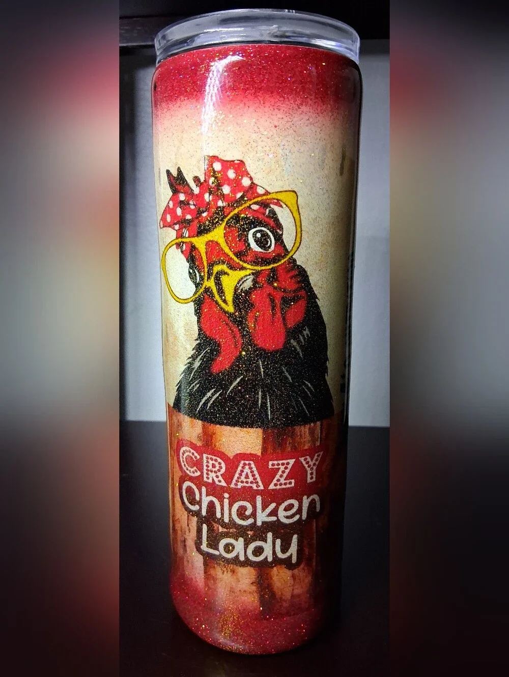 NWOT  Crazy Chicken Lady Fully Glittered 24oz Tumbler With Rubber Sealed Lid